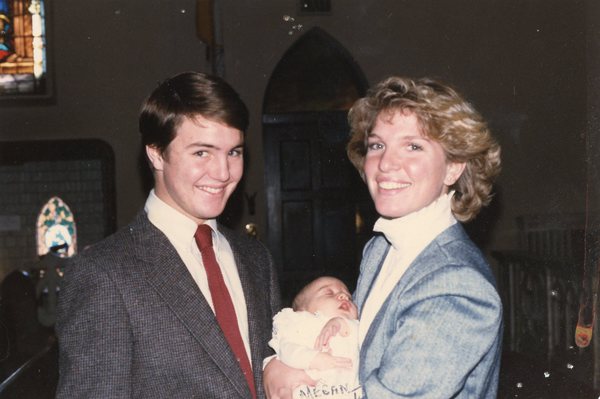 Megan with her godparents at Baptism 12/1/1985